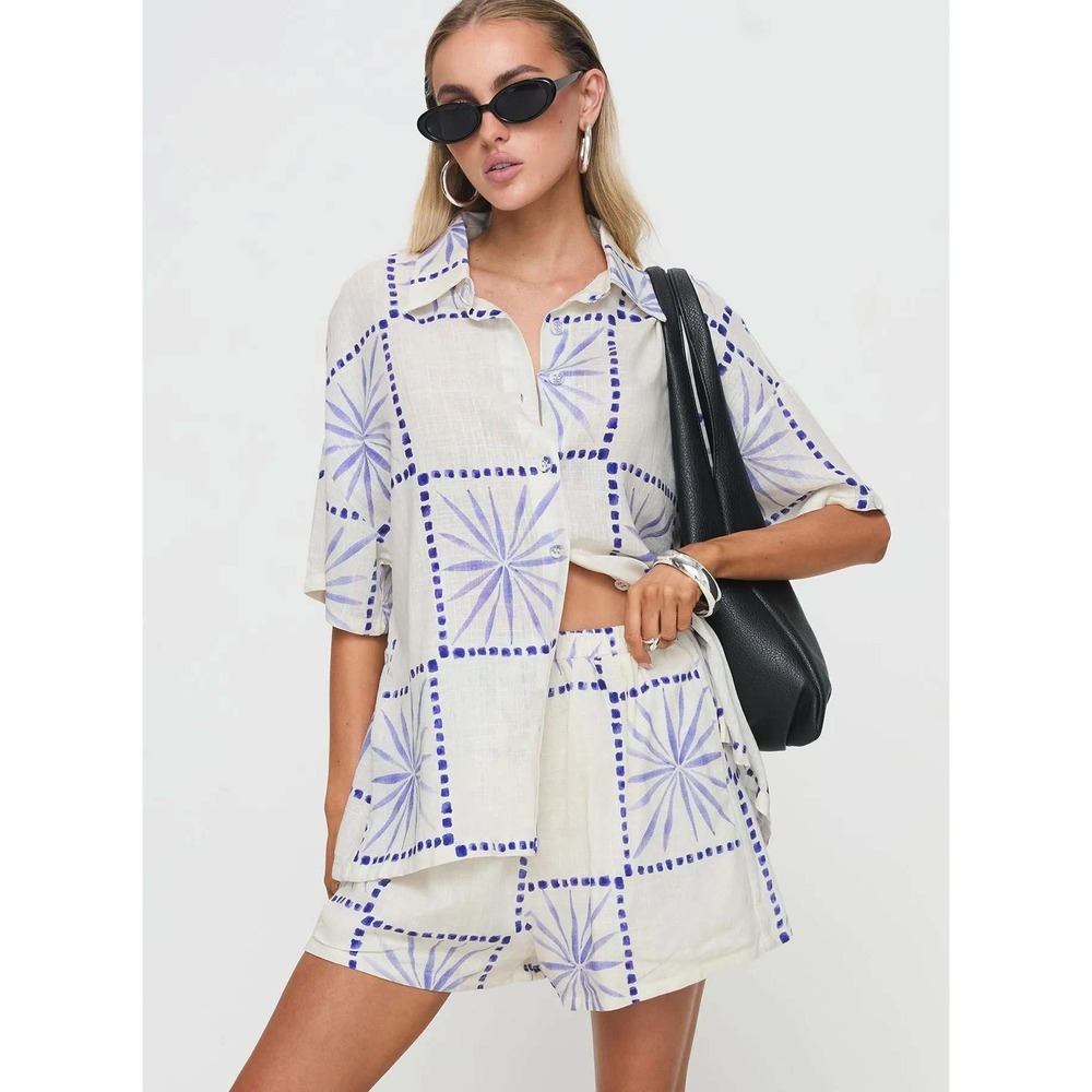 Princess Polly Boho Linen Blend Oversized Shirt Shorts Set Cream Blue 2pc 18